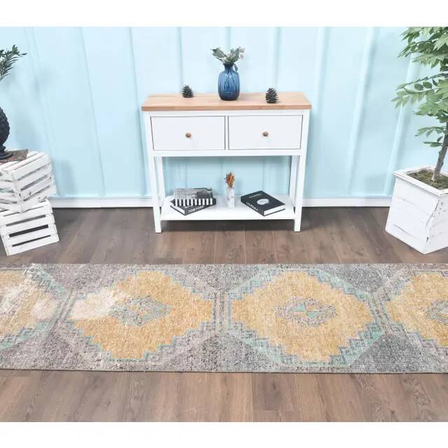 1960s Turkish Hand-Knotted Geometric Runner 80x330