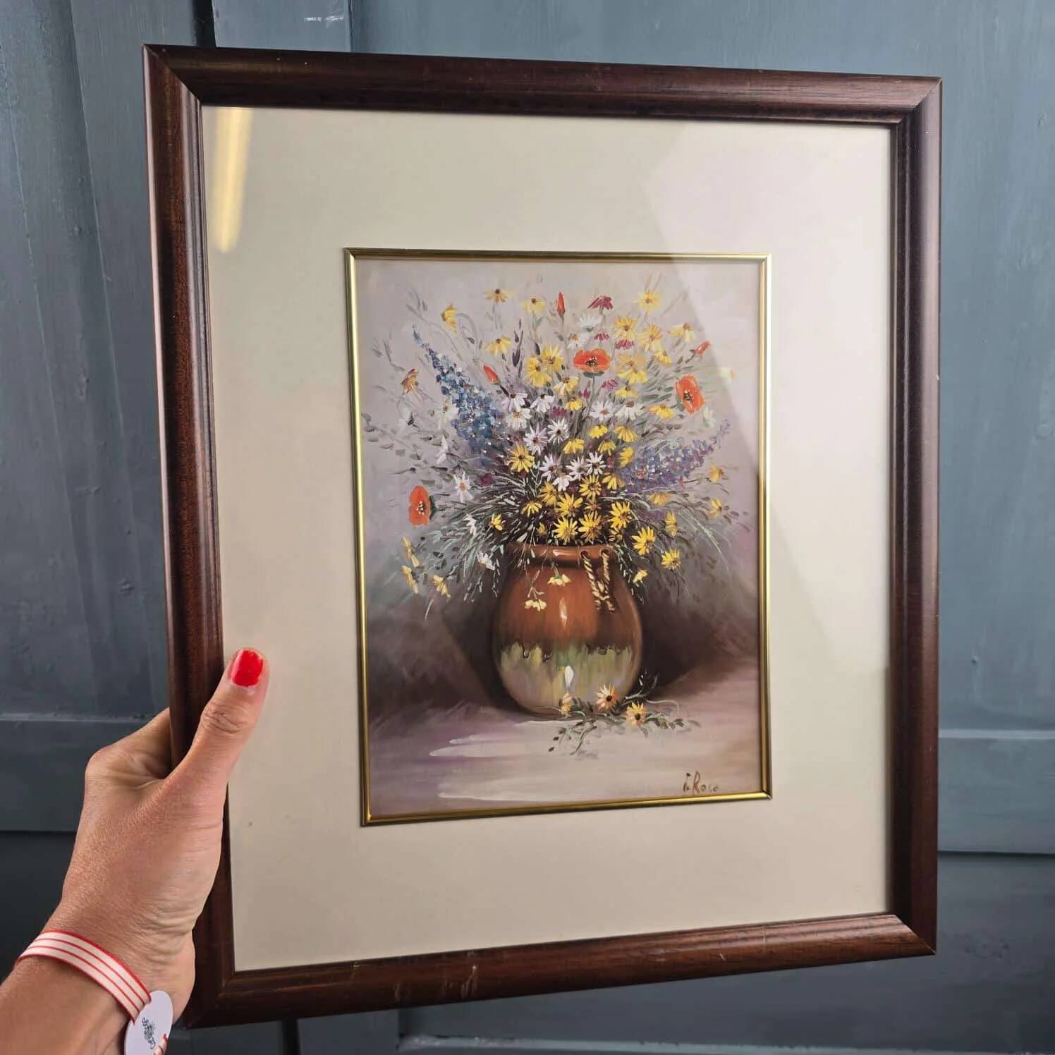 Vintage frame bouquet of flowers signed Roca – Decorative print under glass
