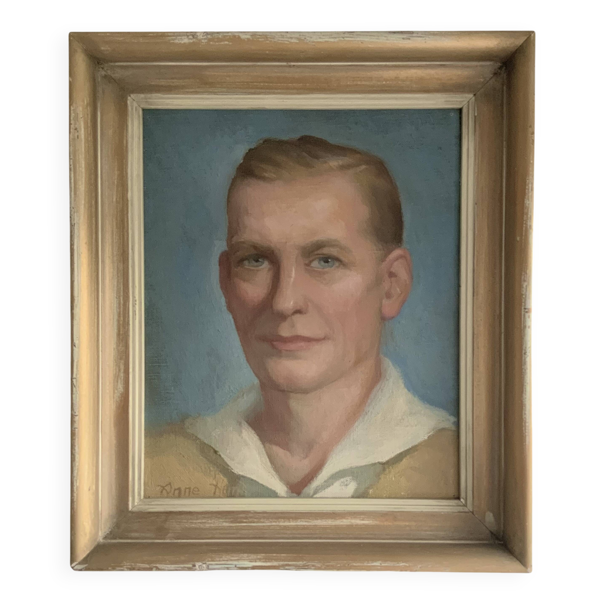 Vintage Oil On Canvas Men Portrait Signed, Small, 1950s