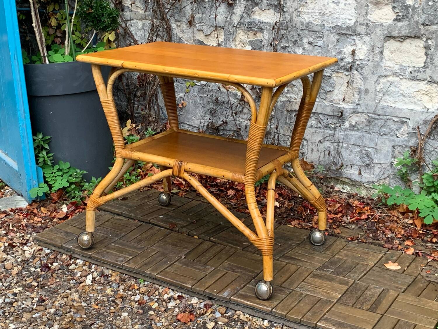 Vintage rattan and oak serving trolley 1960