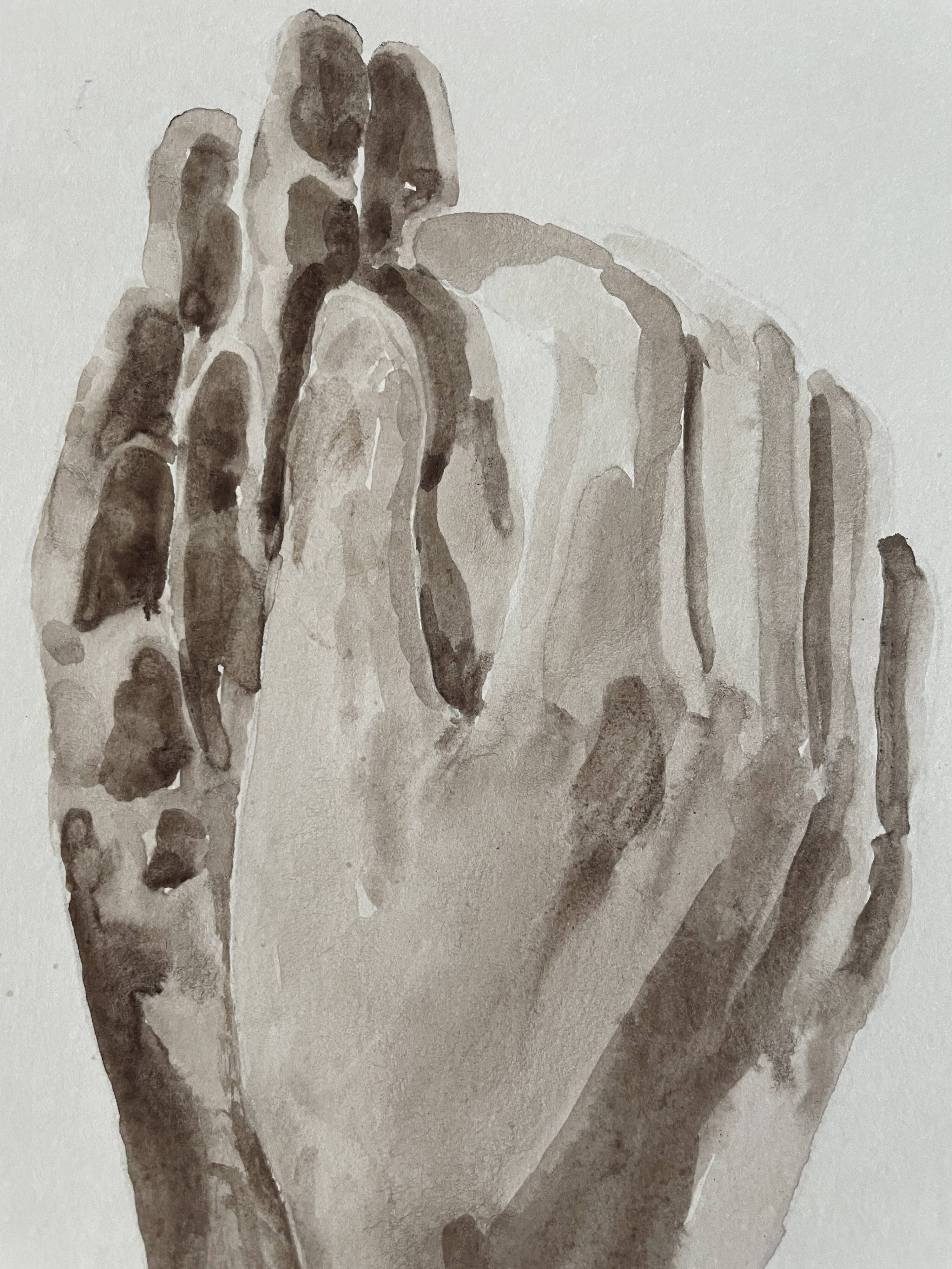 Painting signed watercolor monochrome sepia study statue “Rodin’s Cathedral”