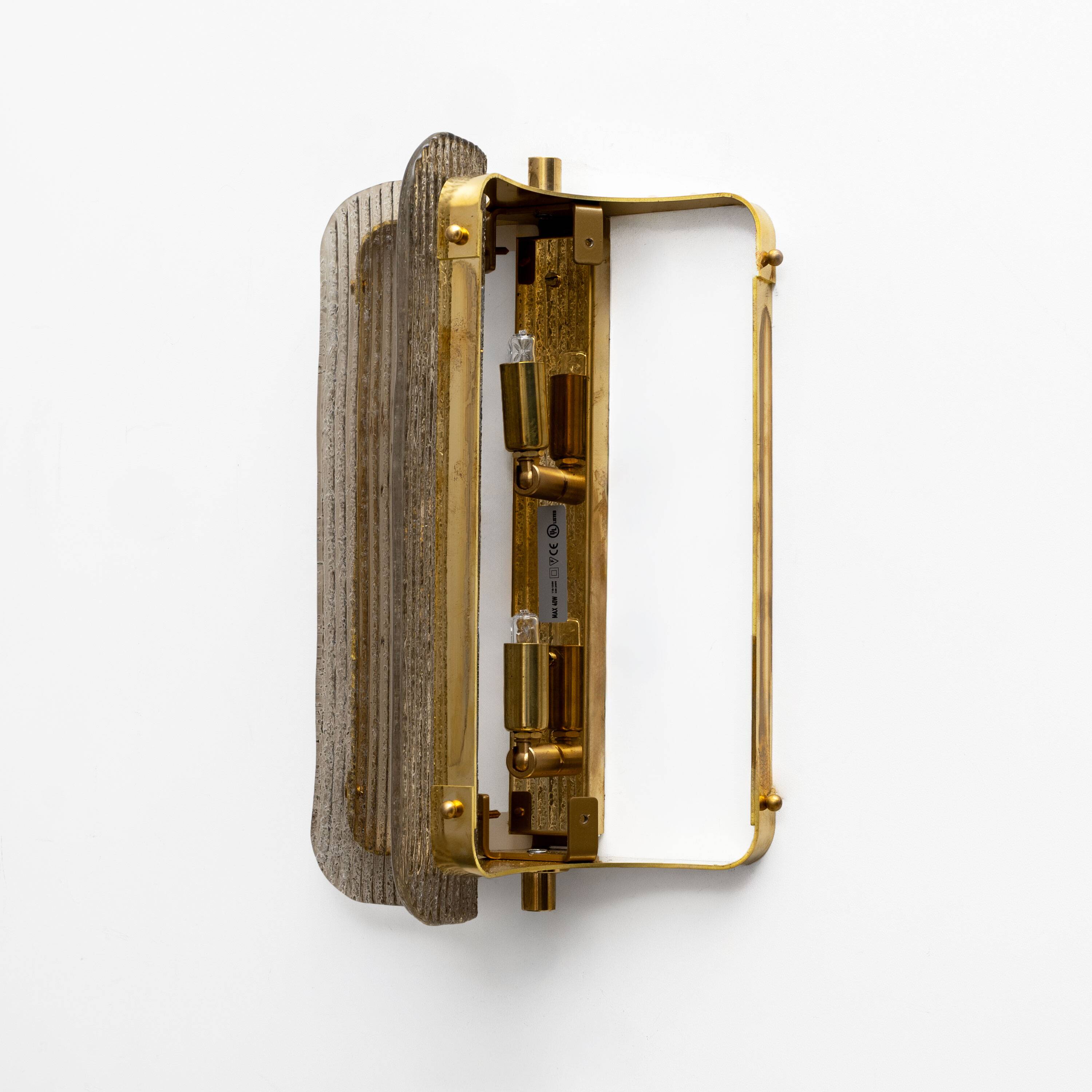 Pair of Curved Ribbed Grey Murano Glass and Brass Wall Sconces