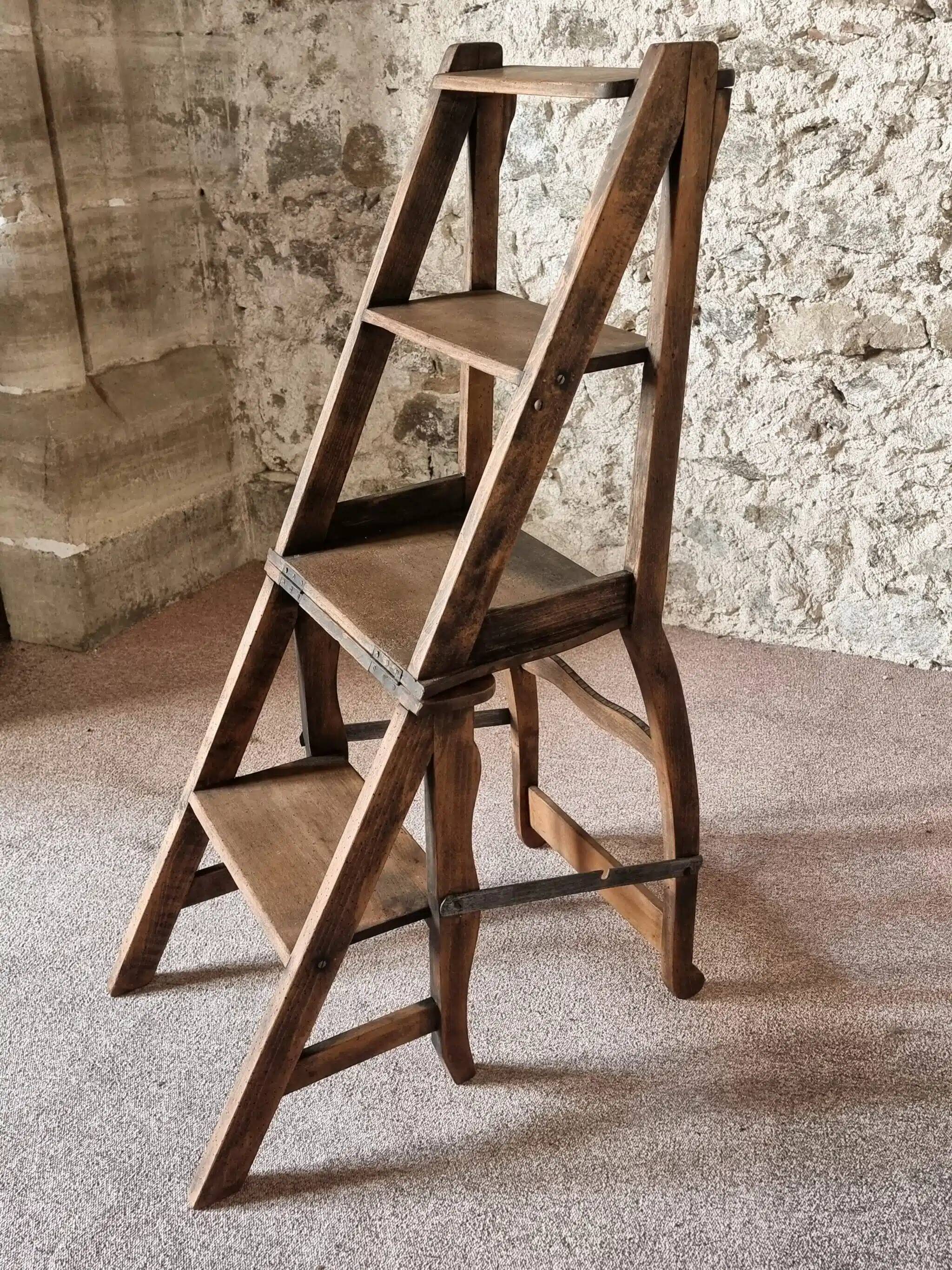 Chaise échelle de bibliothèque en chêne français antique – Tabouret escamotable