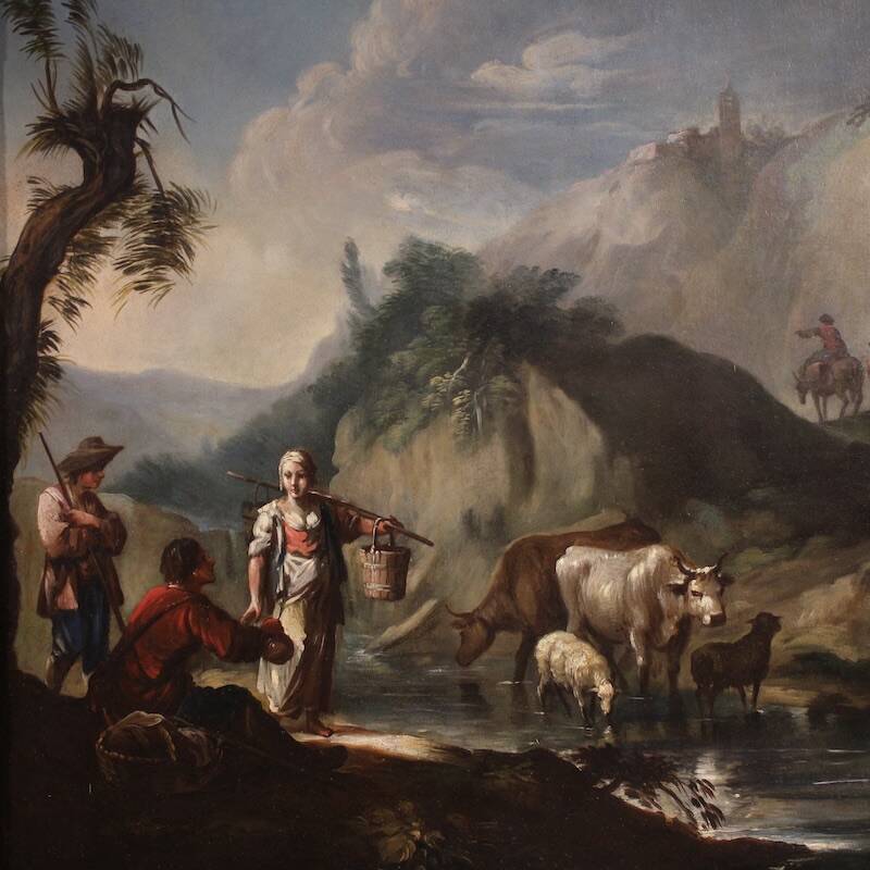 Great 18th century Italian painting, landscape with genre scene