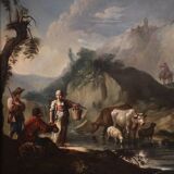 Great 18th century Italian painting, landscape with genre scene