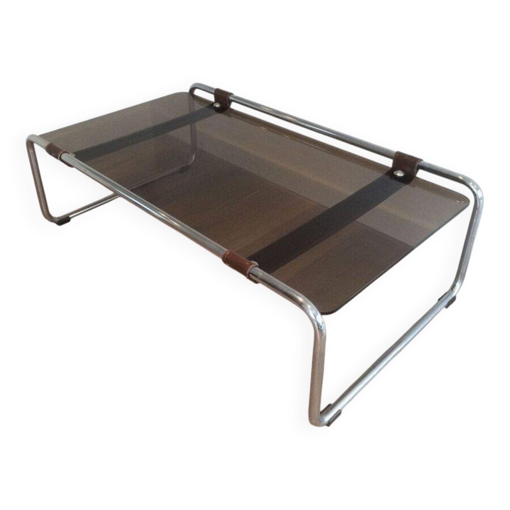 Coffee table in chrome, leather, and smoked glass