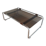 Coffee table in chrome, leather, and smoked glass