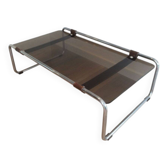 Coffee table in chrome, leather, and smoked glass