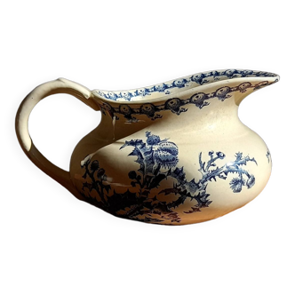 Old pot-bellied toilet bowl in terre de fer earthenware gien “chardons” blue