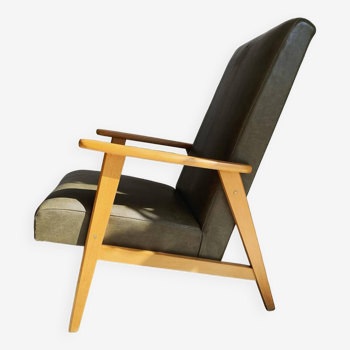 Scandinavian vintage armchair in imitation leather and wood