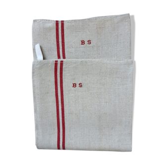 2 old linen tea towels monogrammed BS