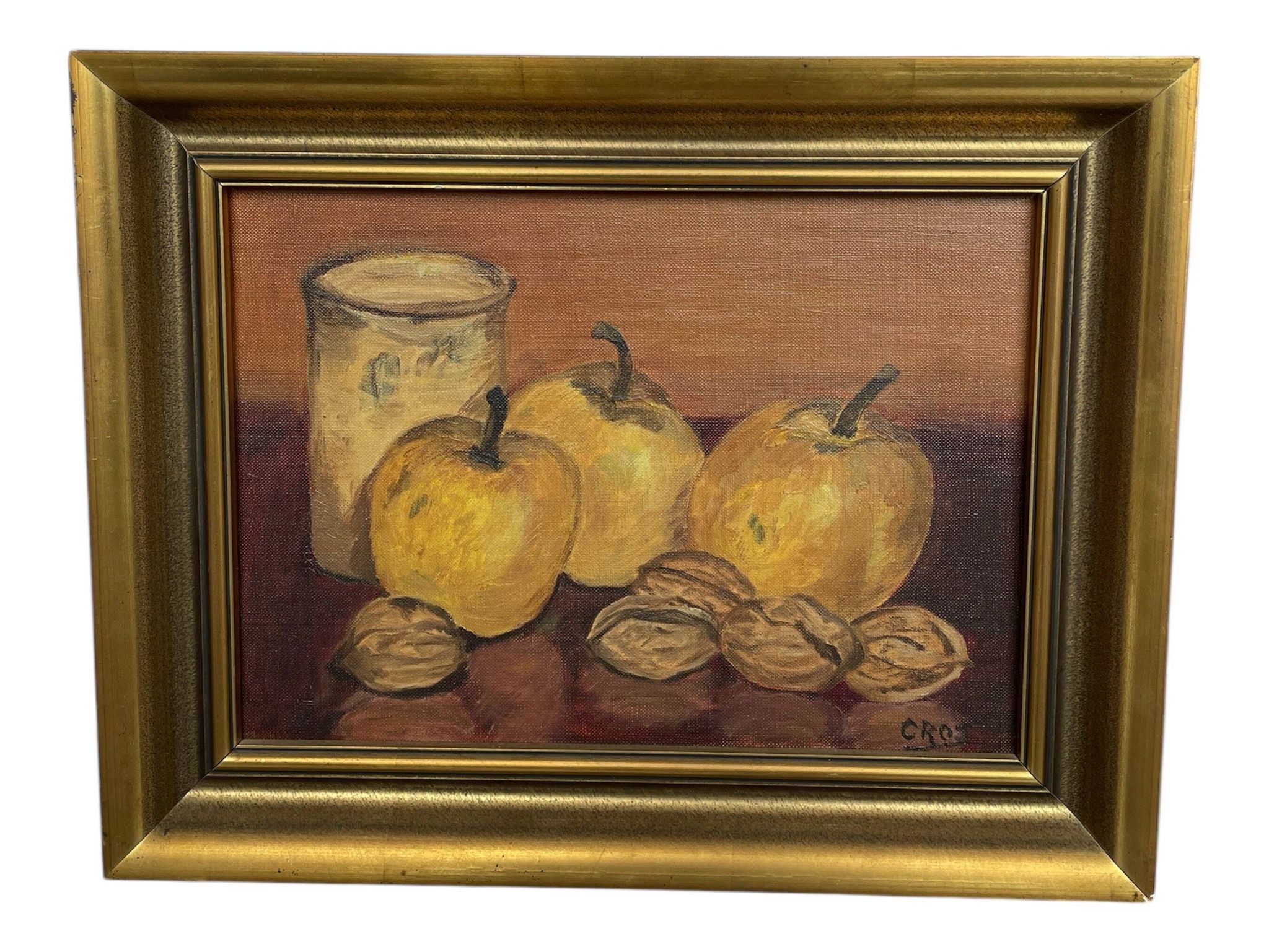 Oil painting on canvas, still life with fruits and pot, nuts, signed, George Cros, signed