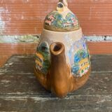 Teapot + 3 Antique Glazed Terracotta Cups Landscape Decor Vintage