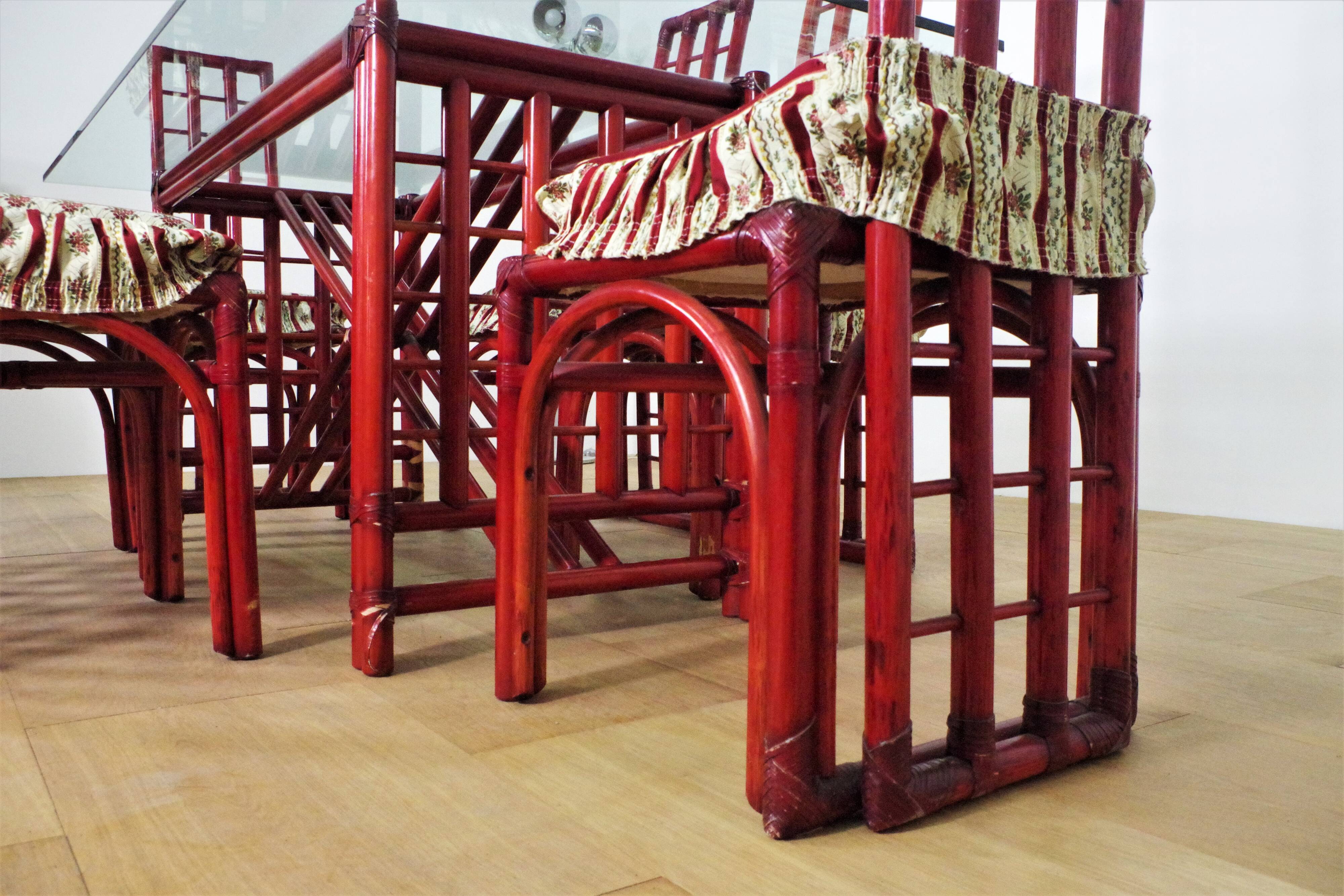 Red bamboo table by Arturo Pozzoli, 1980s, set of 7