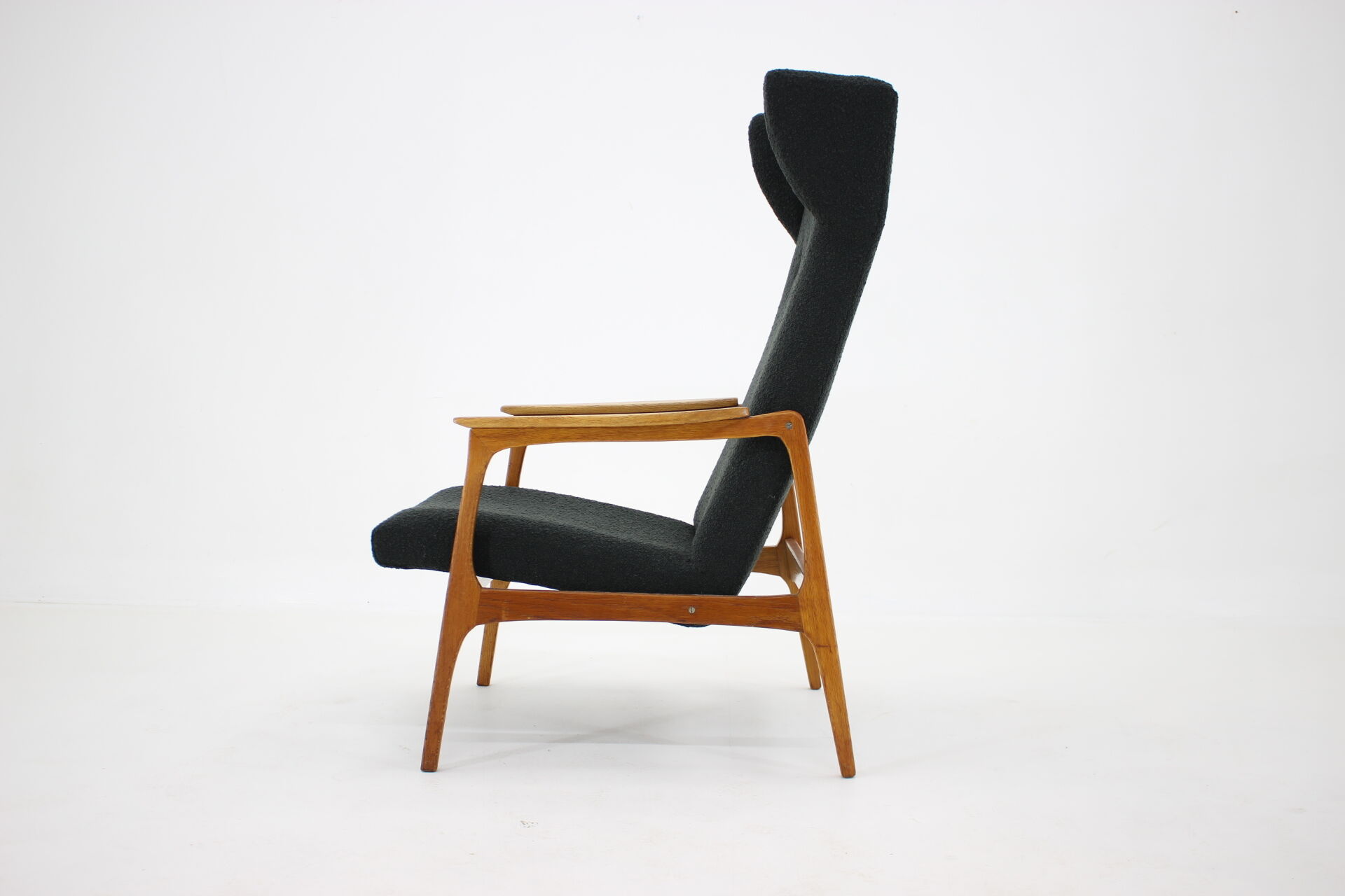 1960s Oak Wing Chair in Bouclé Upholstery, Czechoslovakia