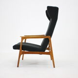 1960s Oak Wing Chair in Bouclé Upholstery, Czechoslovakia