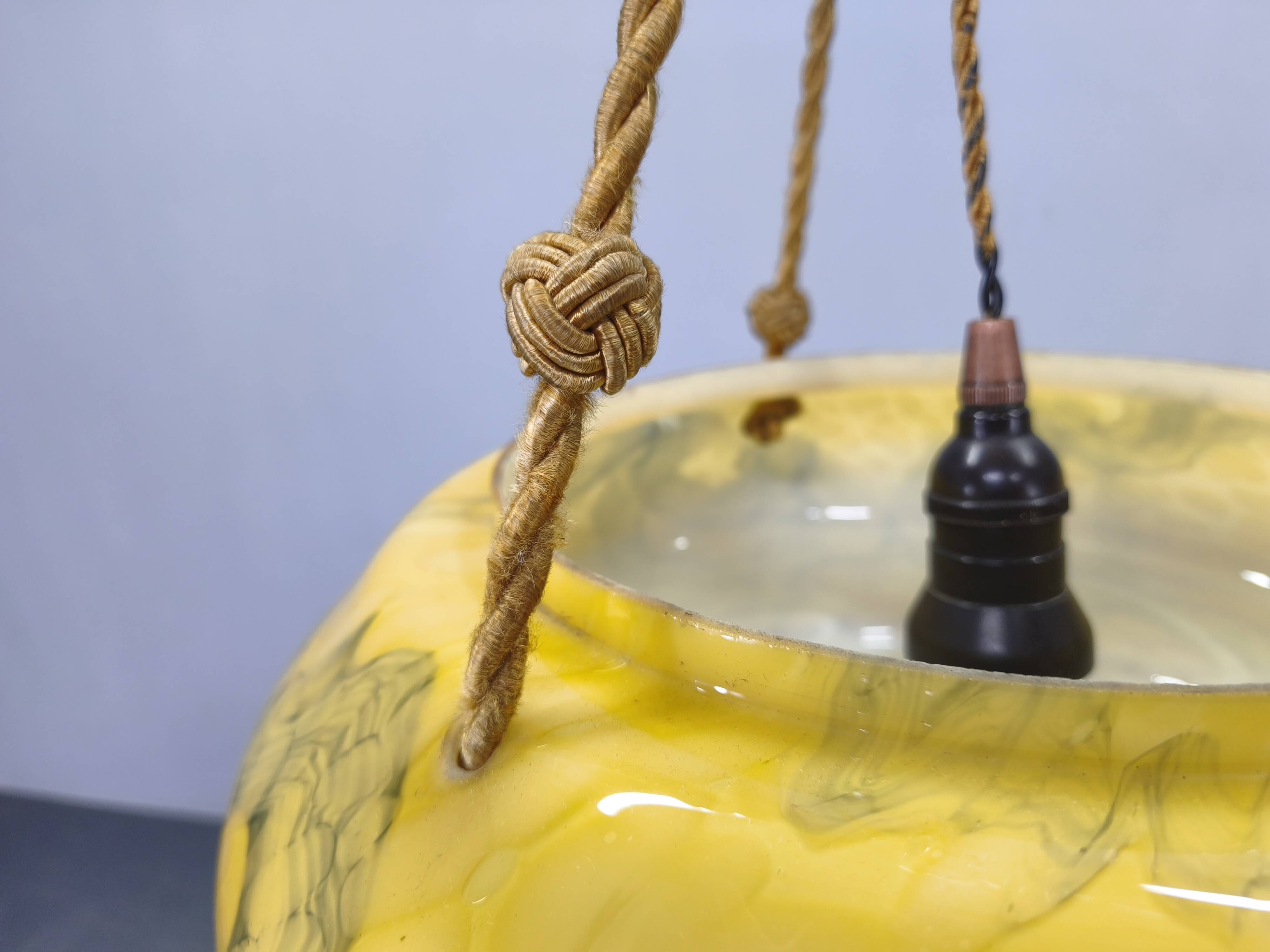 Art Deco Pendant Light, Marbled Glass and Brass, 1930s