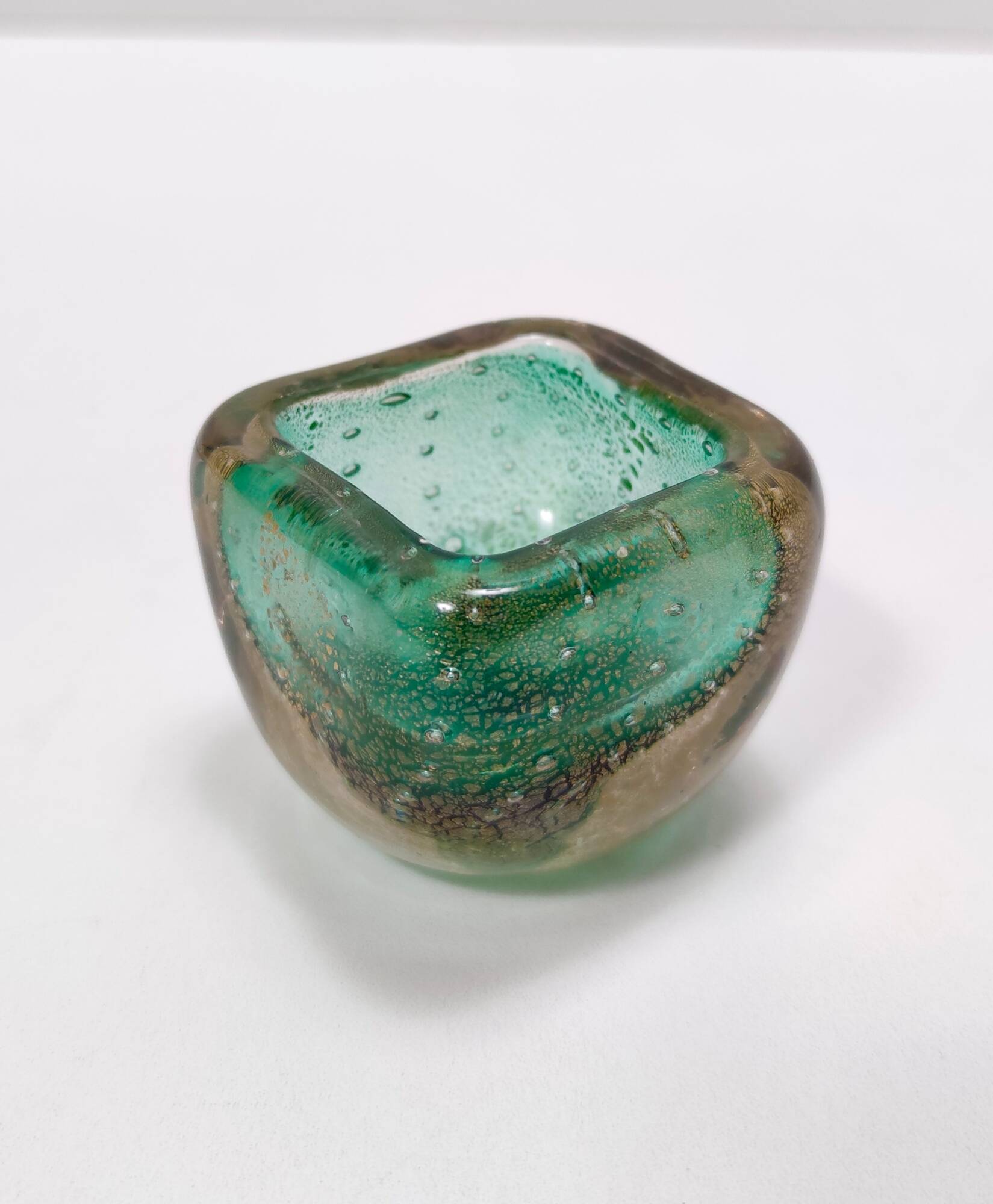 Green Gold Flecked Sommerso Glass Bonbonnière / Trinket Bowl by Venini, Ita