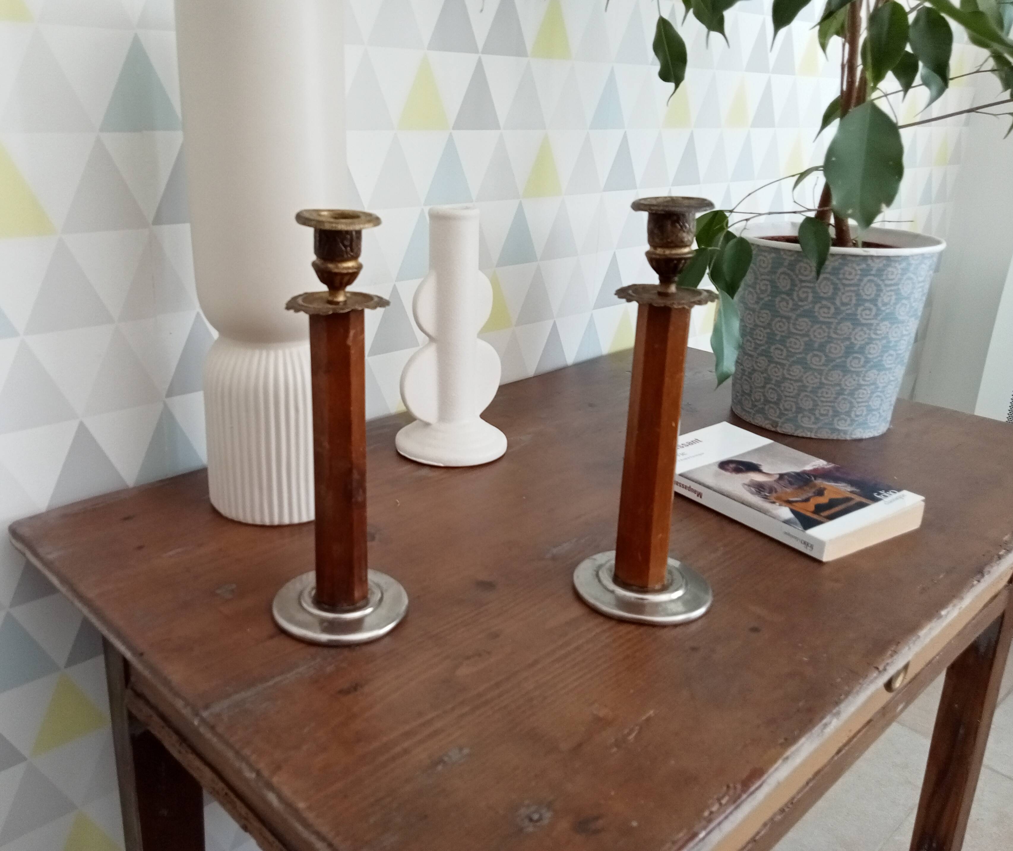 Pair of antique folk art candlesticks