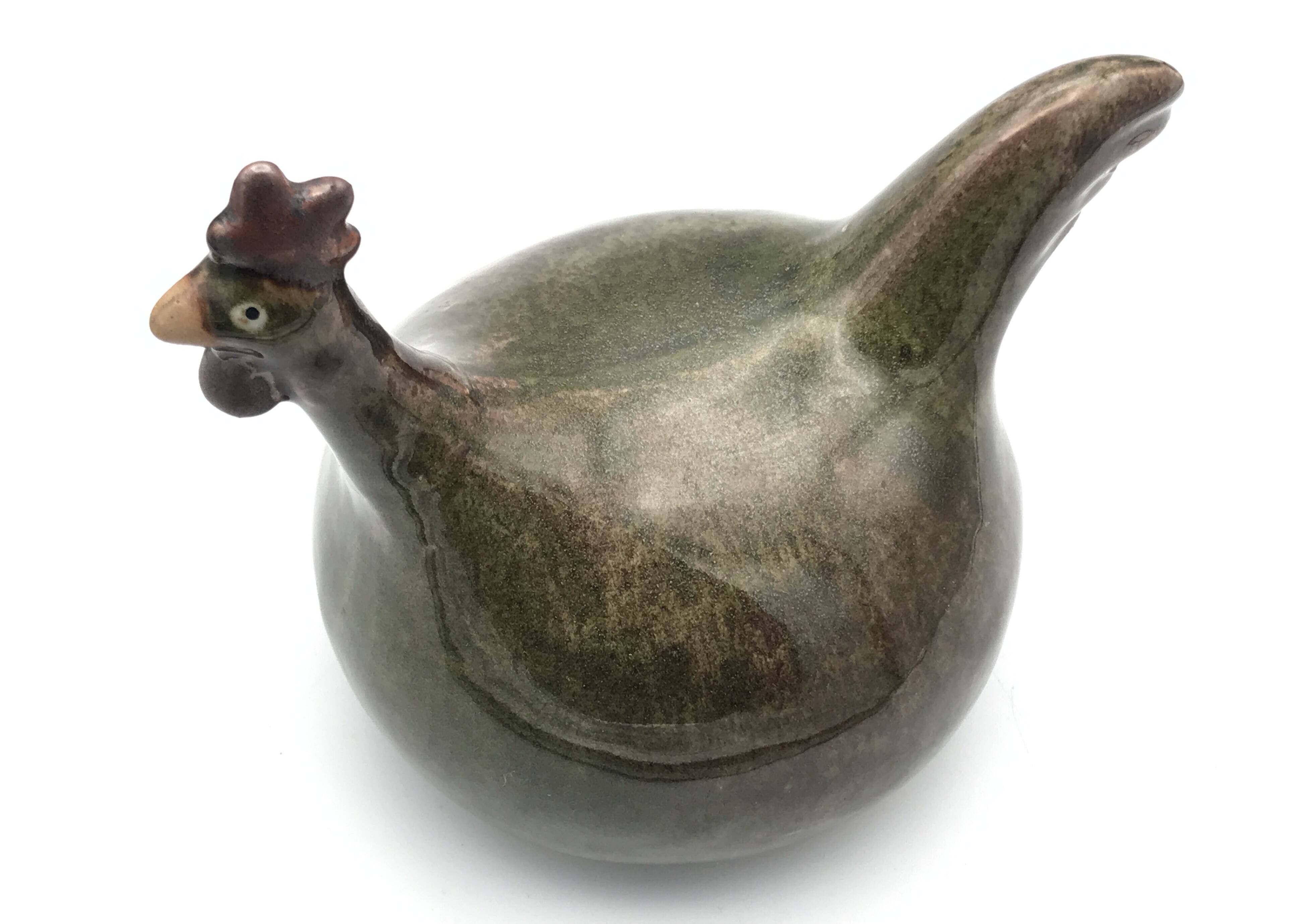 Vintage Rooster Figurine in Olive Green Glazed Stoneware with Glitter Effect 16 cm