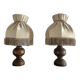 Pair of wooden bedside lamps with vintage fringe lampshades.