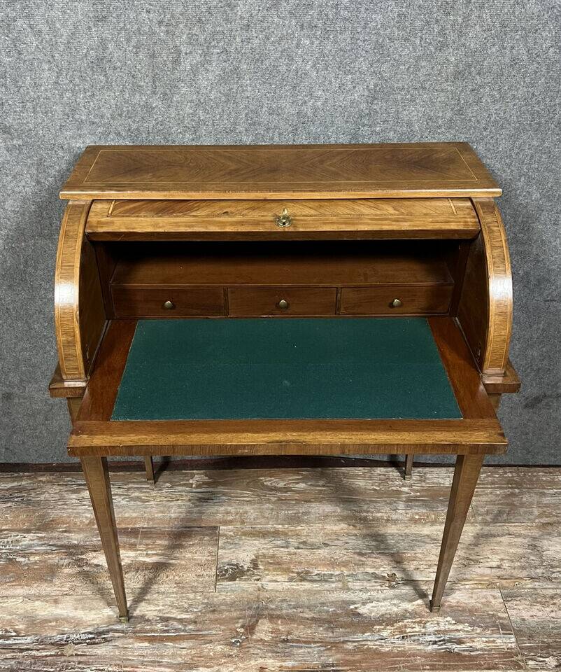 Louis XVI style cylinder desk in marquetry with floral decorations circa 1880