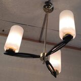 Modernist chandelier with 3 lights in metal, brass, and opaline globe - 1950s