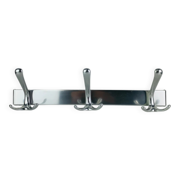 Wall-mounted coat rack, strip of 3 aluminium hooks from the 1960s.