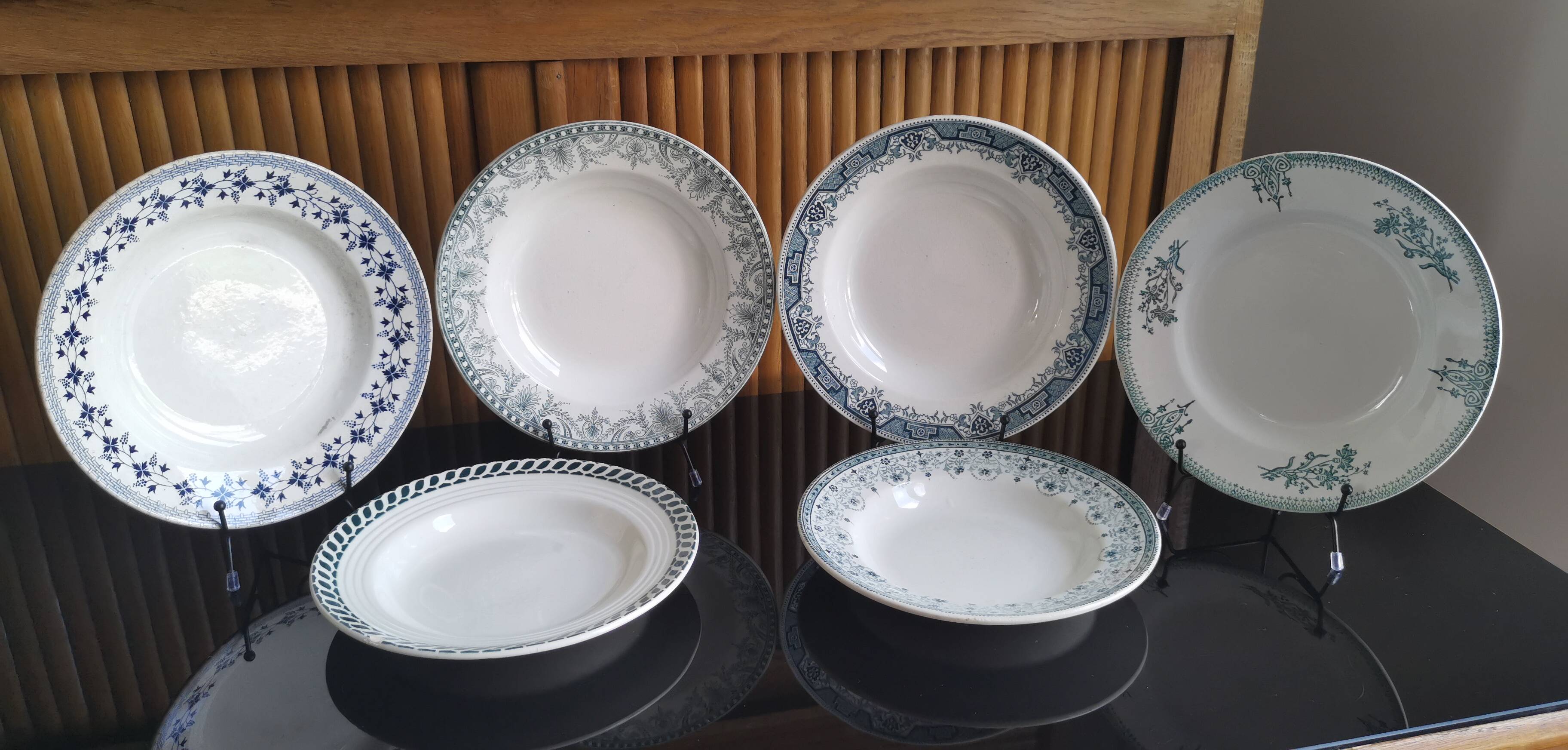 6 old mismatched deep plates Terre de Fer, glass and blue colors