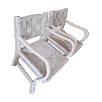 2 ANTIQUE DESIGNER RATTAN-WOOD ARMCHAIRS VROOM & DREESMANN