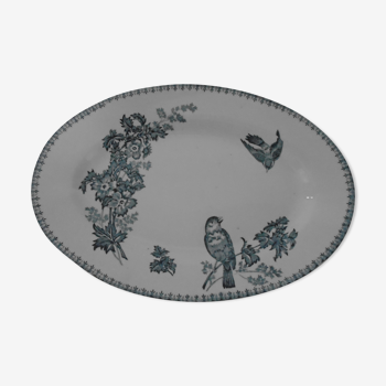 Plat ovale Longwy ancien décor mésange oiseau & fleurs faience