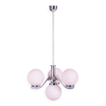 Lustre Art Déco en acier chromé et verre opale, tchèque, années 1920