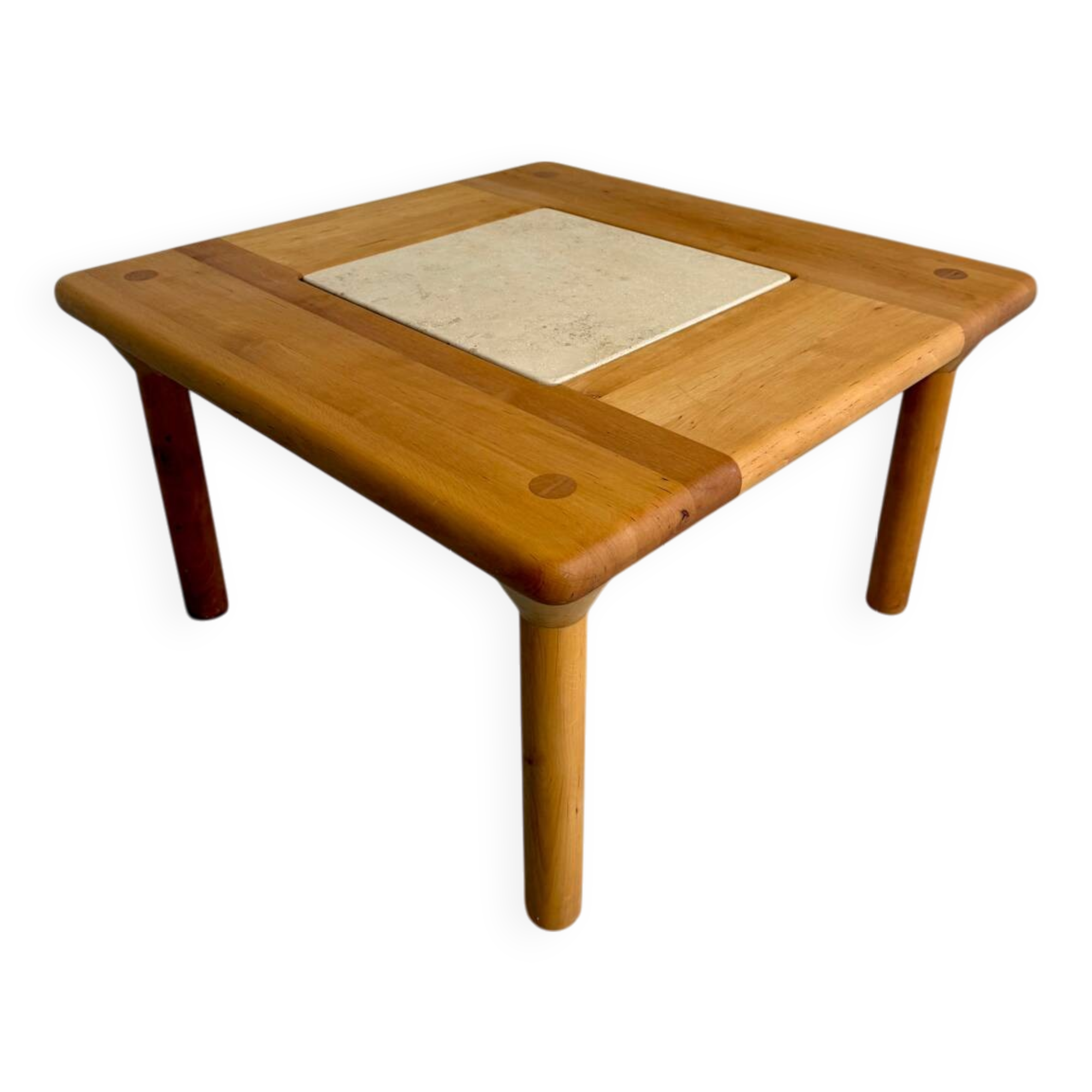 Table basse ancienne bois et travertin design des années 70 vintage