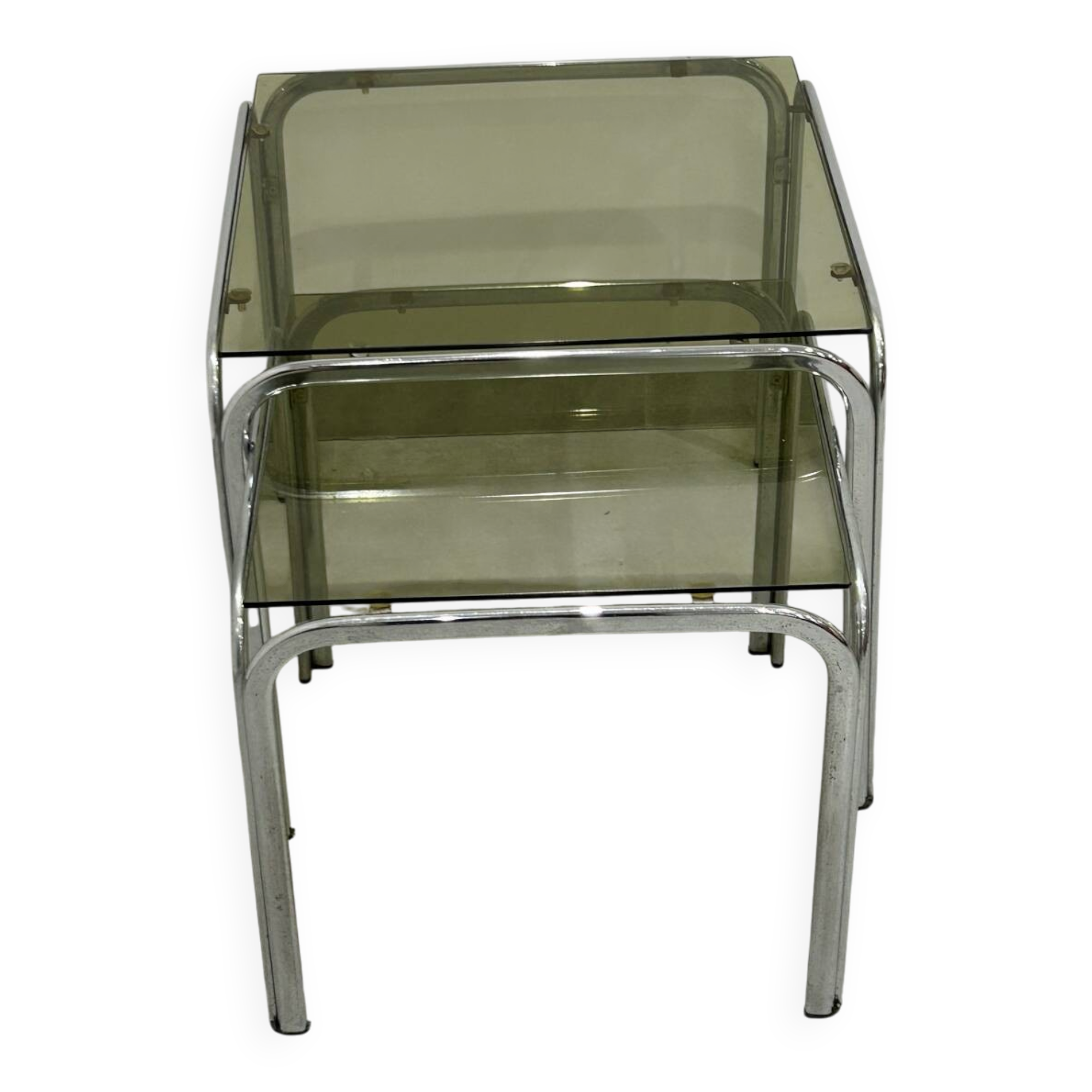 Nest of tables in chrome and smoked glass, set of 2.