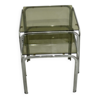Nest of tables in chrome and smoked glass, set of 2.