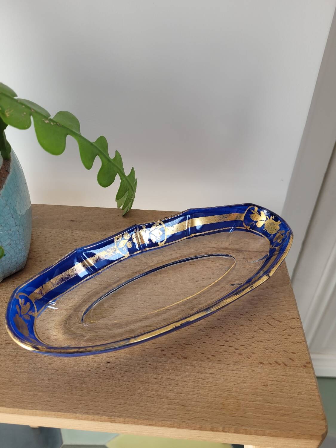 Blue and gold glass dish