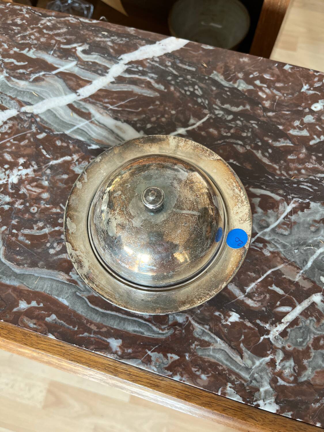 Old stamped silver metal butter dish