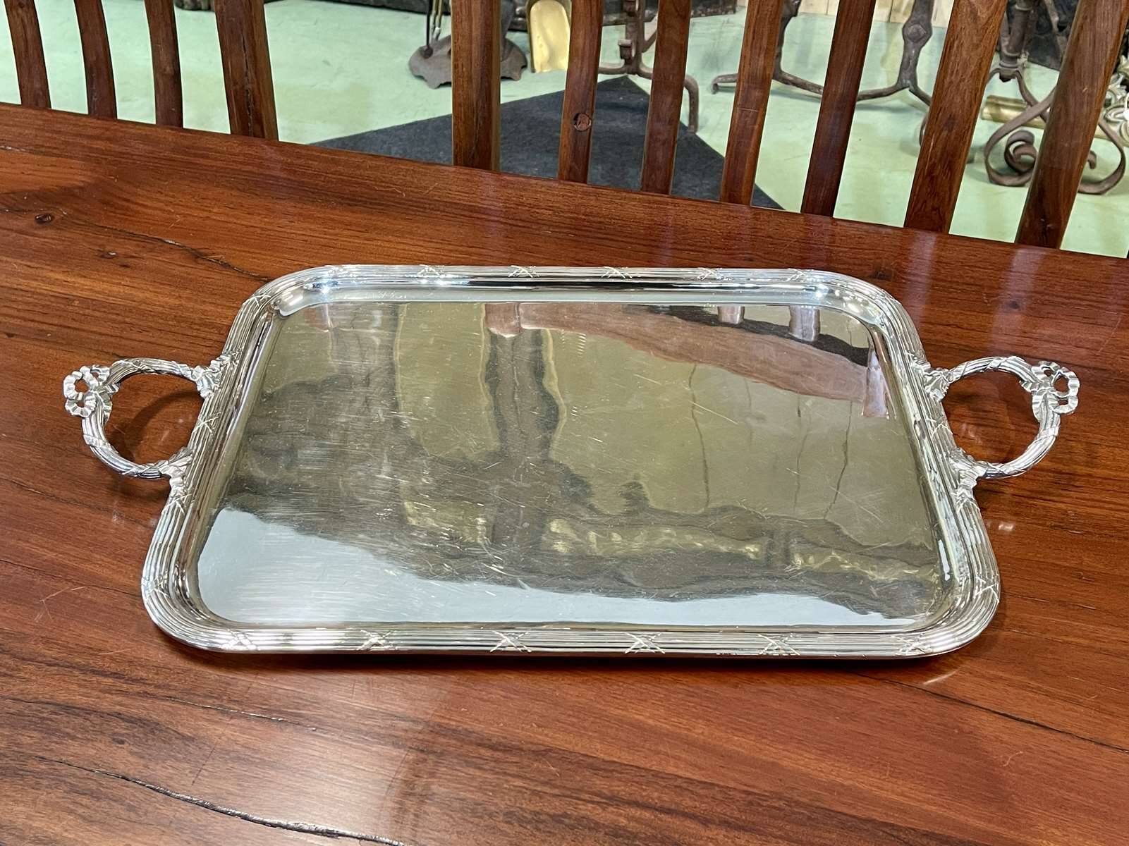 Rectangular tray with LOUIS XVI style handles in silver-plated metal, work from the 1950s