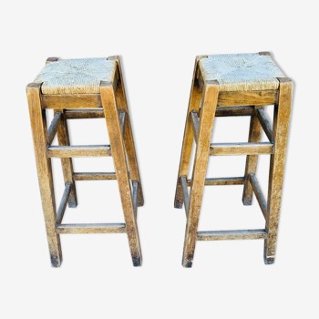 Pair of high stools, wood and straw