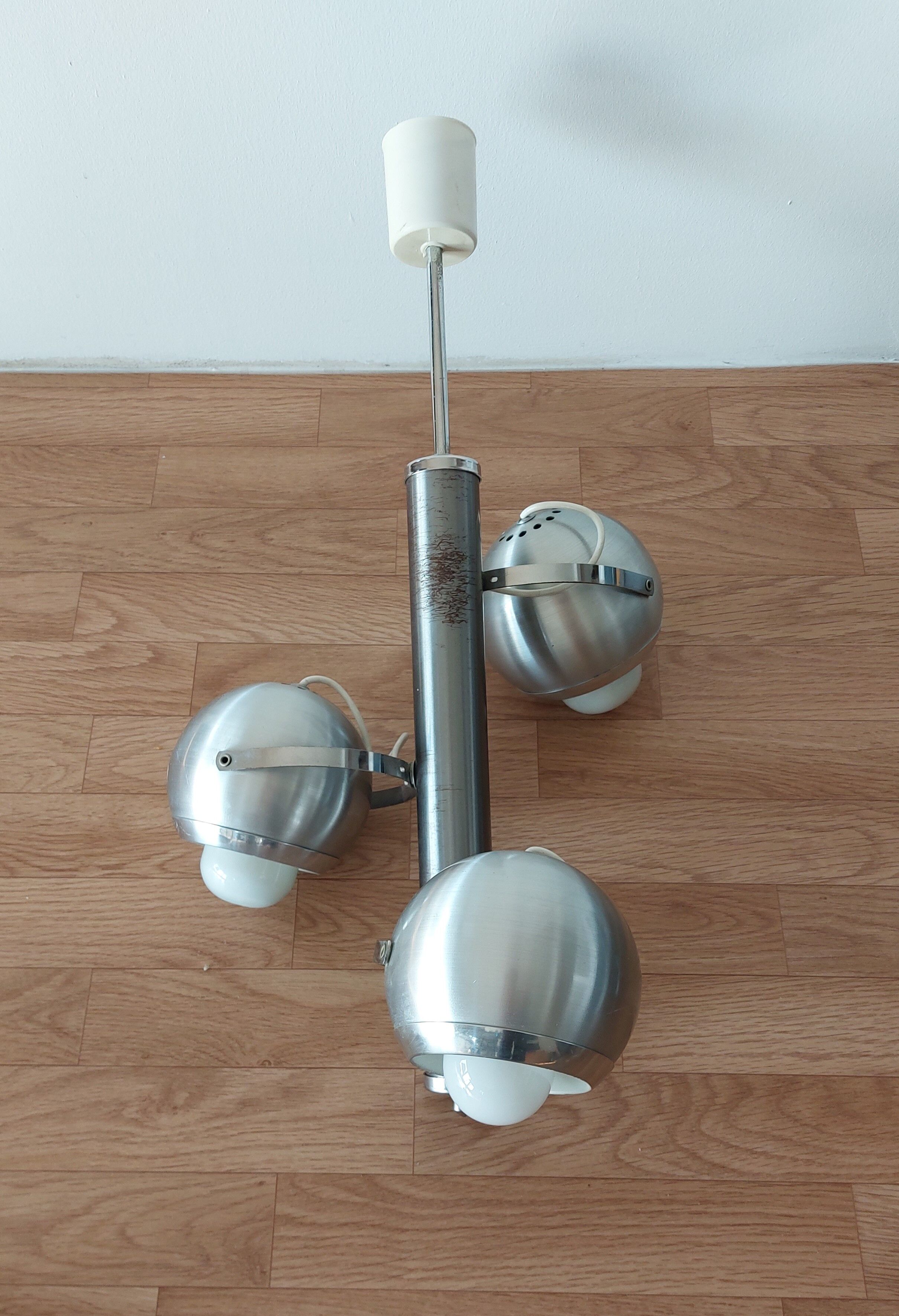 Italian chandelier with three lights in brushed aluminum 1970 "Eyeball"
