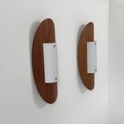 Pair of vintage wall lights in thermoformed wood and opaline glass, France, 1980.