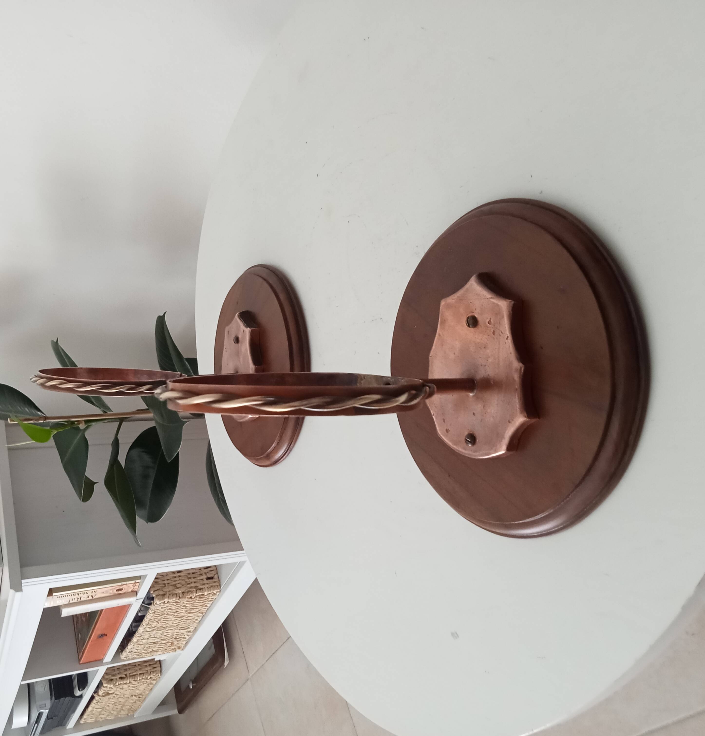 Vintage wall mounted plant holder in copper wood and brass from the 60s