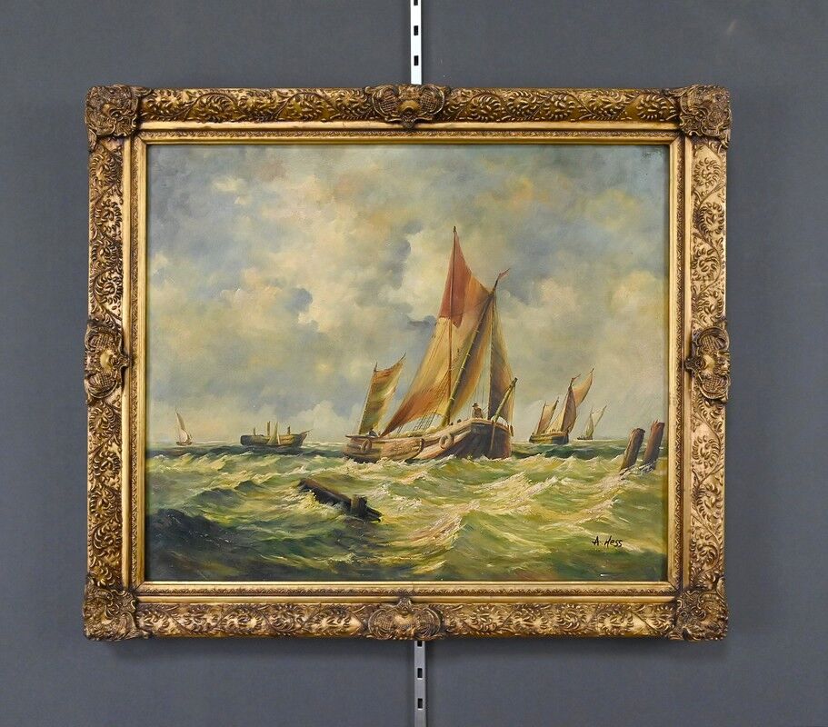 Tableau "Sailboats in Rough Seas" signed Albert Hess – Mid 20th century