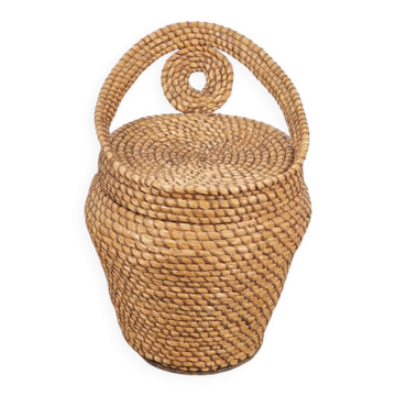 Tabouret en paille et osier vintage avec panier de rangement, années 1960