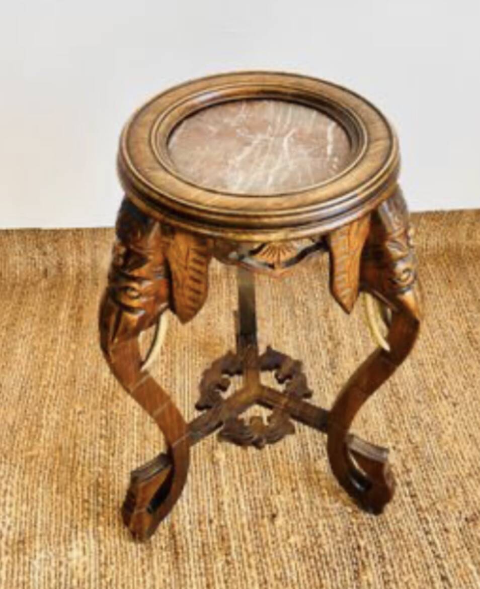 Carved wooden stool, red marble top, early 20th century
