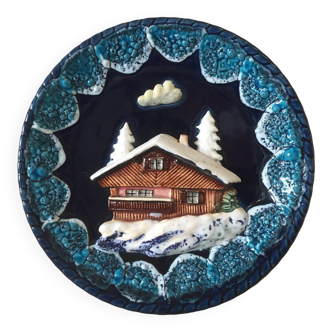 Assiette céramique relief murale - fat lava - chalet montagne neige - vintage -