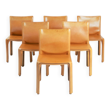 Set of 6 Model 412 "Cab" Dining Chairs in Cognac Saddle Leather by Mario Bellini