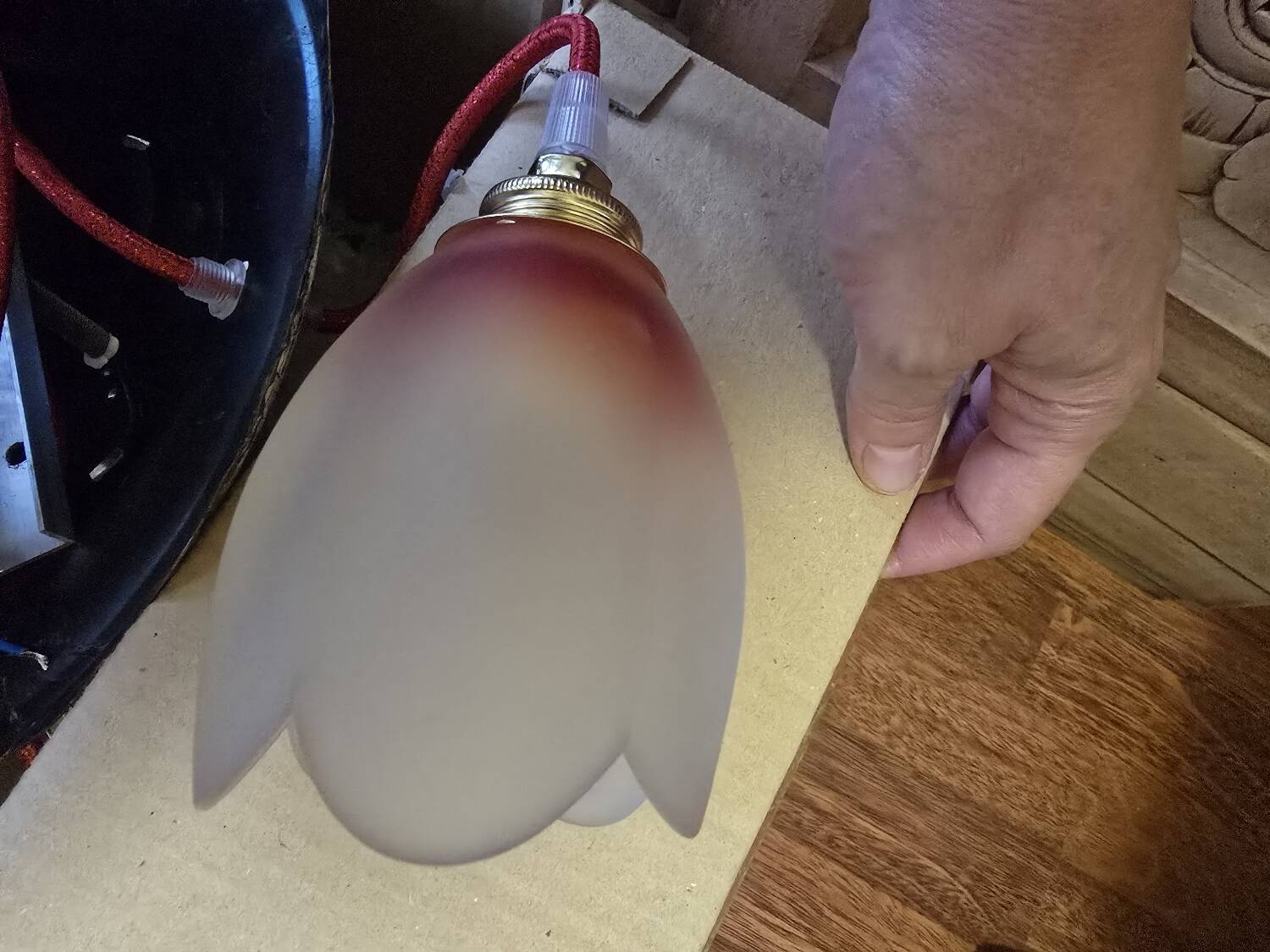 Suspension with tulips and a red scalloped lampshade.