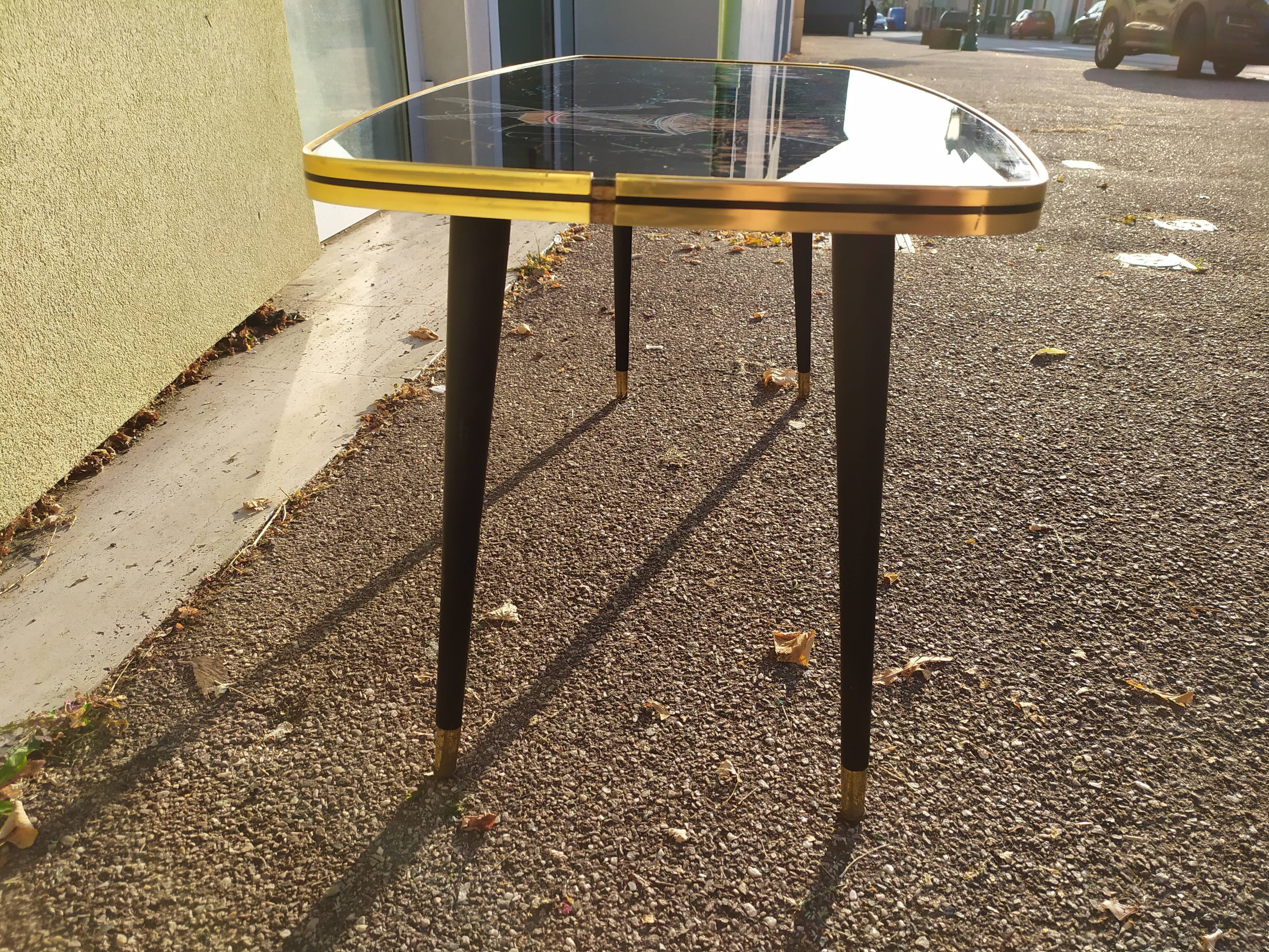 Table basse pieds compas formica verre paysage moulin breton - vintage 1960