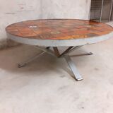 Vintage round coffee table roche-bobois in steel and ceramic 70s